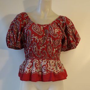 Womens Sea New York Red White Paisley Puff Sleeve Top S